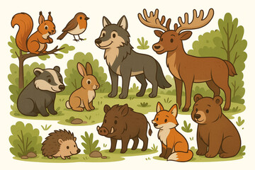 Fototapeta premium Cartoon European Woodland Animal Set in Forest Scene with Playful Expressions and Earthy Tones