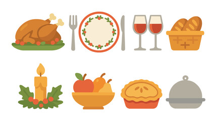 Festive thanksgiving dinner icons with turkey, pie, and candlelight