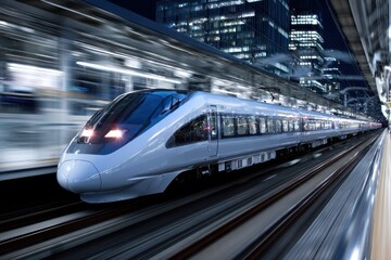Fototapeta premium High Speed Train Passing City Buildings at Night