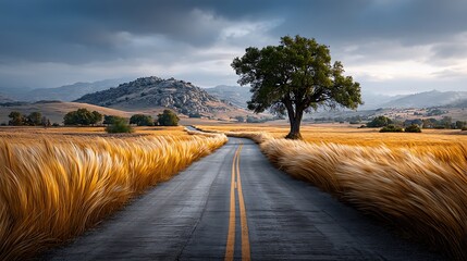 A rural two-lane road cuts through golden wheat fields, with motion blur emphasizing the rush of the landscape. The horizon melts into a soft haze under midday sun.