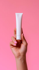 Hand Holding a Blank White Cosmetic Tube Mockup. Skincare Product, Beauty Concept, Brand Presentation.