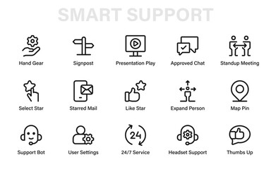 Smart support and communication icon set with mail, chat, meeting, settings, navigation, and service symbols for modern business and teamwork design
