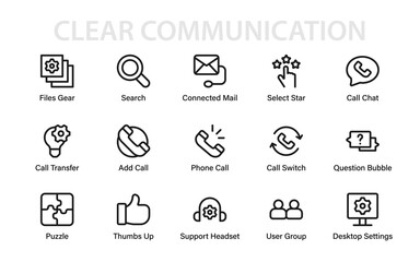 Clear communication icons with phone, chat, support, mail, teamwork, and settings line symbols, perfect for modern business and digital service design
