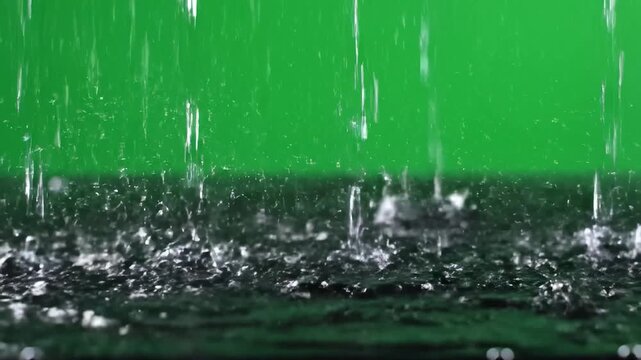 Dynamic rainfall splashes and droplets creating a mesmerizing natural water effect against a vibrant green screen background.