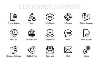 Professional customer support and service essentials icon set featuring star medal, FAQ, mail, call, lifebuoy, 24h badge, settings, and desktop tools