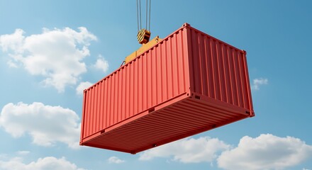 Red Shipping Container Being Lifted by Crane Against a Blue Sky with Clouds