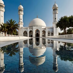 Naklejka premium Old White Dome Mosque Reflected on Water in Ramadan Afternoon Light