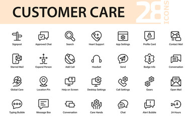 Customer care line icons set. Communication, chat, mail, call support, global service, help desk, settings, alert, and profile vector symbols.