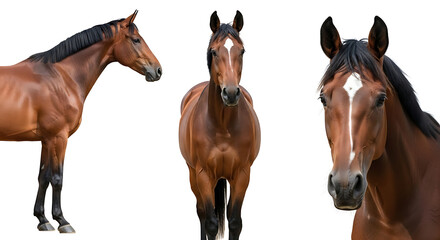 Obraz premium Three views of a brown horse with a black mane and tail, isolated on white background