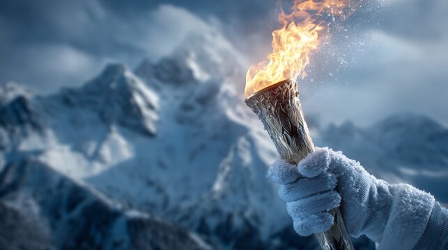 A white-gloved hand holds the burning Olympic torch against a backdrop of snow-capped mountains, a concept of the Winter Olympics in Italy.