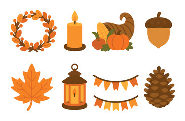 Autumn symbols: leaves, candle, cornucopia, acorn, lantern, banners, pinecone
