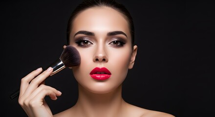 A Stunning Woman Applying Makeup with a Brush, Beauty and Fashion Studio Shot