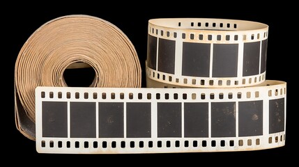 Vintage Film Roll and Negative Strips on Black Background