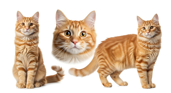 Collection of ginger tabby cat poses isolated on white background - Powered by Adobe