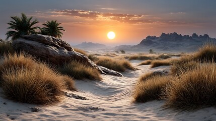 The hot desert sun bakes the golden dunes and cracked earth, leaving only shadow and form to break the monotony of this endless expanse.