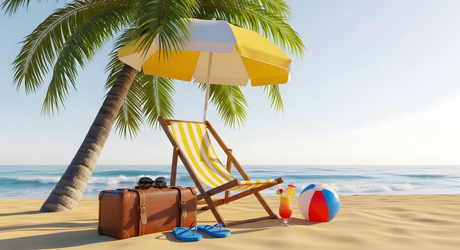 Tropical beach paradise with palm tree and beach chair - Powered by Adobe