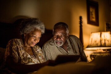 Intimate Evening, African American Senior Couple, Bedroom, Photo, Cozy Atmosphere, Close-Up, Connection