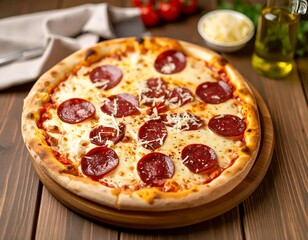A pepperoni pizza on a wooden board, with cheese, and other pizza toppings