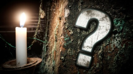 Dark GothicAnti‑design Question Mark concept. Candle next to a textured tree with a question mark symbol.