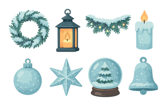 Winter holiday decor: wreath, lantern, lights, candle, ornaments, snow globe, and bell