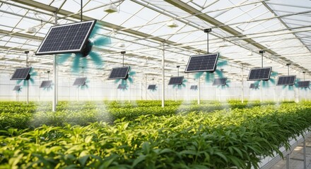 Obraz premium Medium shot showcasing solar fans inside a greenhouse circulating air to maintain optimal temperature using renewable energy.