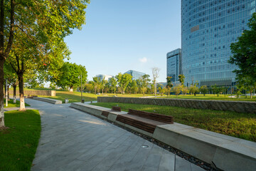 Park lawns and modern office buildings in technology parks