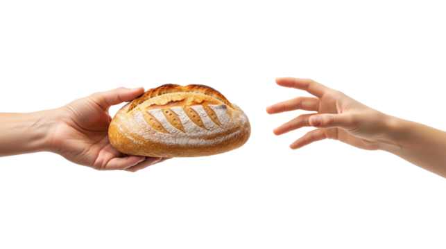 Hands exchanging a loaf of bread a gesture of giving and receiving, isolated on transparent background