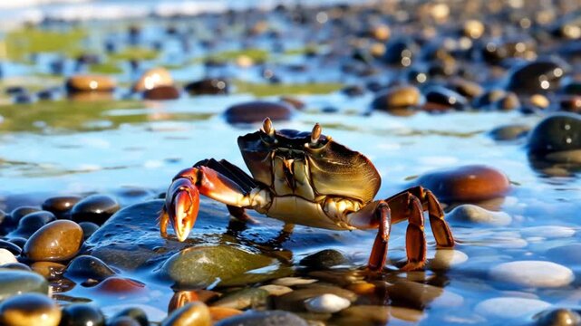 Small crustacean walking on wet coastal rocks near the ocean shore
