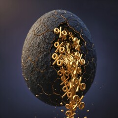 A cracked black egg with golden percentage signs spilling out, representing wealth and finance