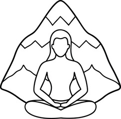 Illustration of a person meditating in front of a mountain, symbolizing peace, mindfulness, and nature, suitable for designs related to wellness