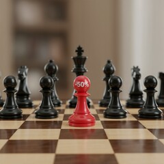 A bright red pawn labeled “-50%” among black chess pieces, symbolizing strategic discount offers