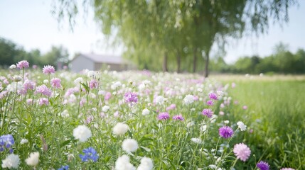 Naklejka premium Vibrant wildflowers bloom in a sunny field, creating a picturesque summer scene.