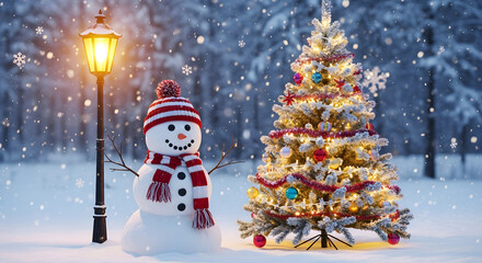Fototapeta premium Festive snowman and lighted christmas tree in snowy winter forest