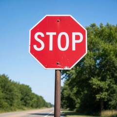 A standard red octagonal "STOP" road sign with bold white capital letters in the center and with minor scratches and wear against a clear blue sky and green trees, indicating traffic control