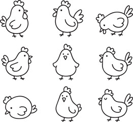 Cartoon Chicken Line Icons Set – Cute Hand-Drawn Hens in Different Poses, Minimal Outline Farm Animal Illustrations on White Background