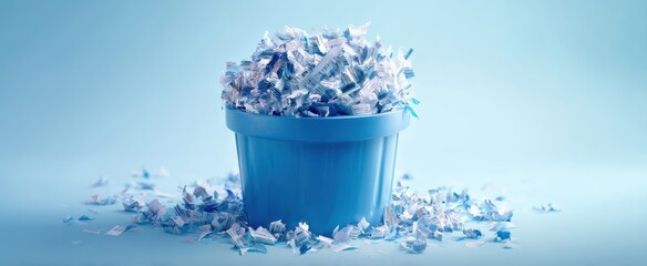 The bucket overflowing with shredded paper on a minimalist blue background