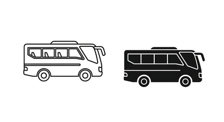 Two bus icons, one in outline and one in solid black, isolated on white background
