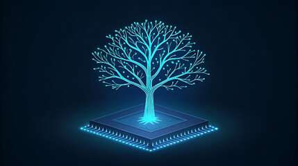 Glowing circuit tree on computer chip technology 1