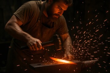 Blacksmith striking hot metal on an anvil, creating a dazzling shower of sparks in a dimly lit workshop filled with glowing embers