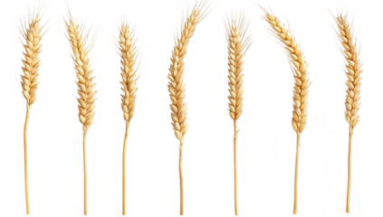 A close-up view of golden wheat stalks arranged neatly on a white background. the intricate details of the grains. ideal for agricultural themes or food-related projects