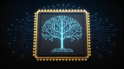 Glowing circuit tree on golden computer chip circuit board