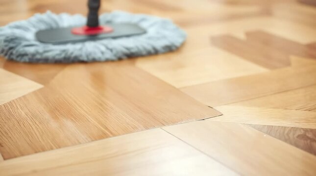 Close-up of a mop on a parquet floor in a room. Cleanliness and cleaning of the house