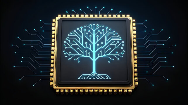 Glowing circuit tree on golden computer chip circuit board