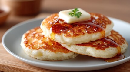 Stack of Golden Pancakes Topped with Butter and Syrup on a White Plate with Wood Background in Soft Warm Light