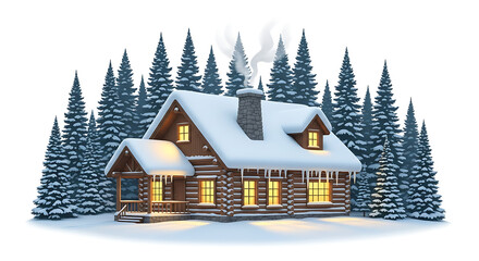 Fototapeta premium Cozy log cabin nestled in a snowy forest with smoke rising from the chimney, winter scene