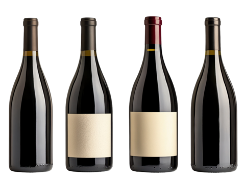 Aesthetic Display of Four Distinct Wine Bottles Against a Dark Background Emphasizing Form and Texture Without Labels isolated on transparent background