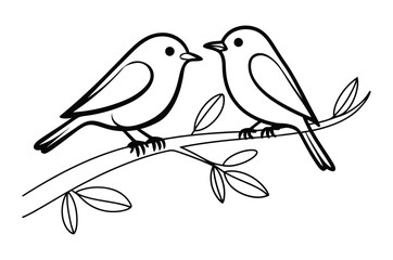 Two charming outline birds perched together on a simple tree branch with leaves