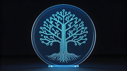 Glowing circuit tree with roots on black background