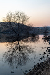 Reflets à la surface d'un lac au lever du jour