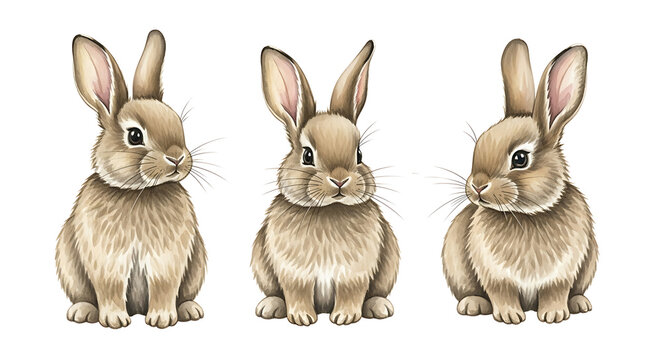 Three cute fluffy bunnies sitting and looking forward isolated on white background